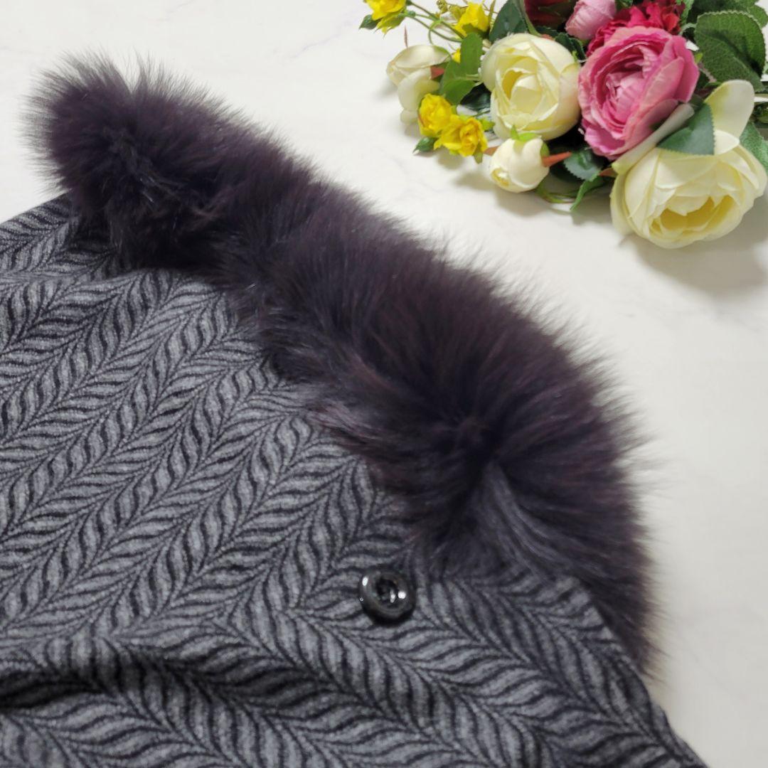 ファー　カシミヤ100% ポンチョ・ケープコート グレー　ヘリンボーン　異素材