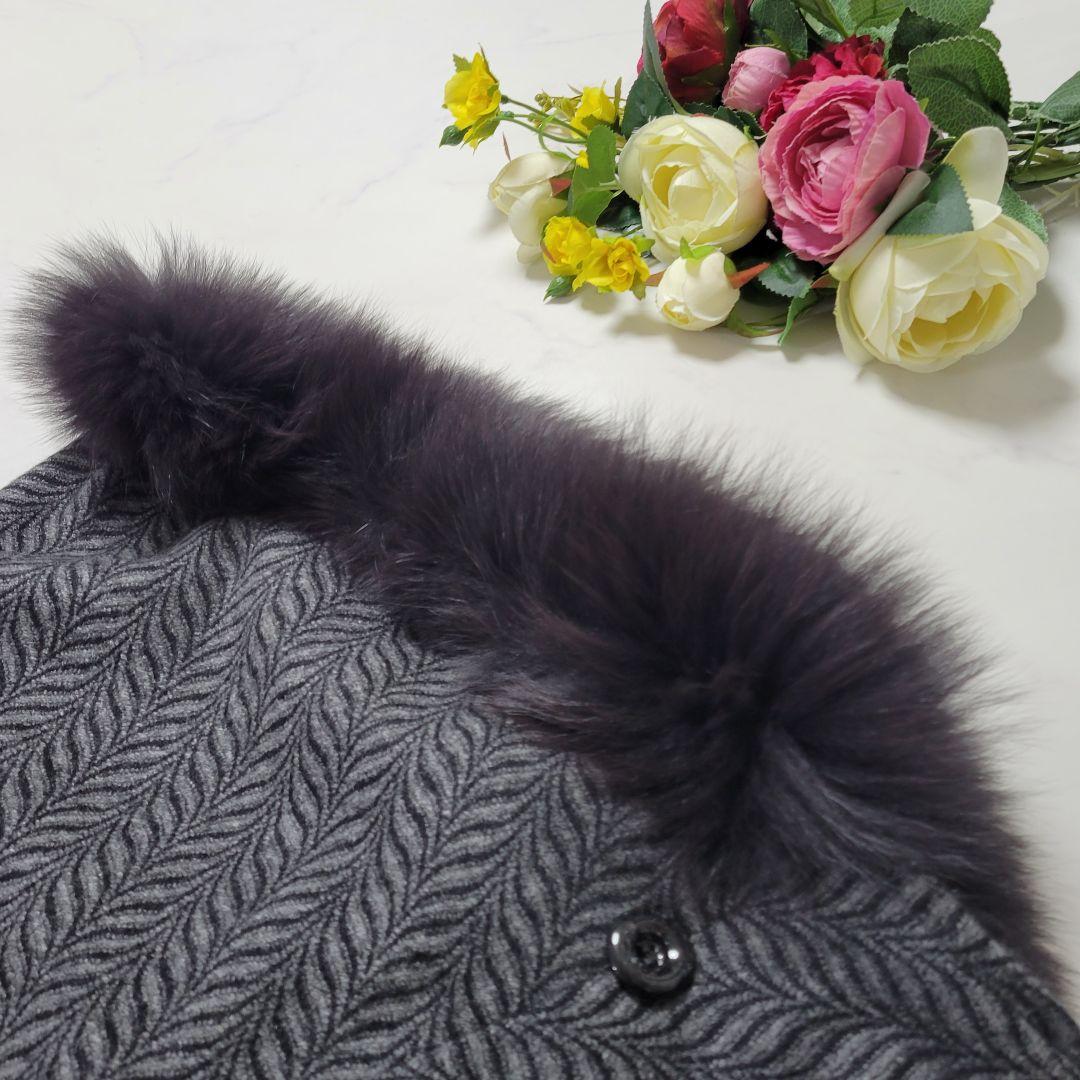 ファー　カシミヤ100% ポンチョ・ケープコート グレー　ヘリンボーン　異素材