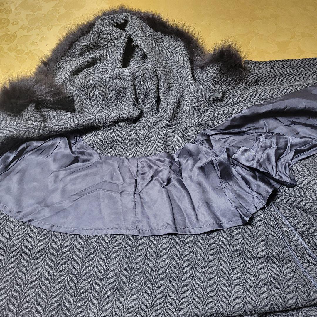 ファー　カシミヤ100% ポンチョ・ケープコート グレー　ヘリンボーン　異素材