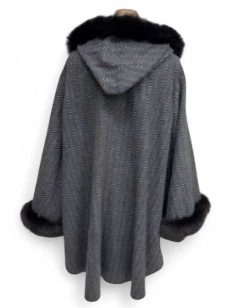 ファー　カシミヤ100% ポンチョ・ケープコート グレー　ヘリンボーン　異素材