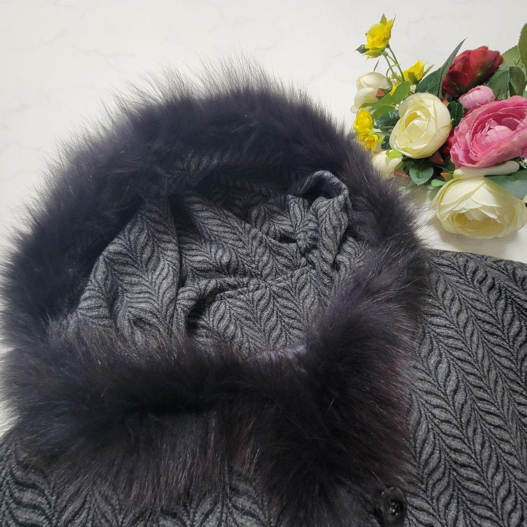 ファー　カシミヤ100% ポンチョ・ケープコート グレー　ヘリンボーン　異素材