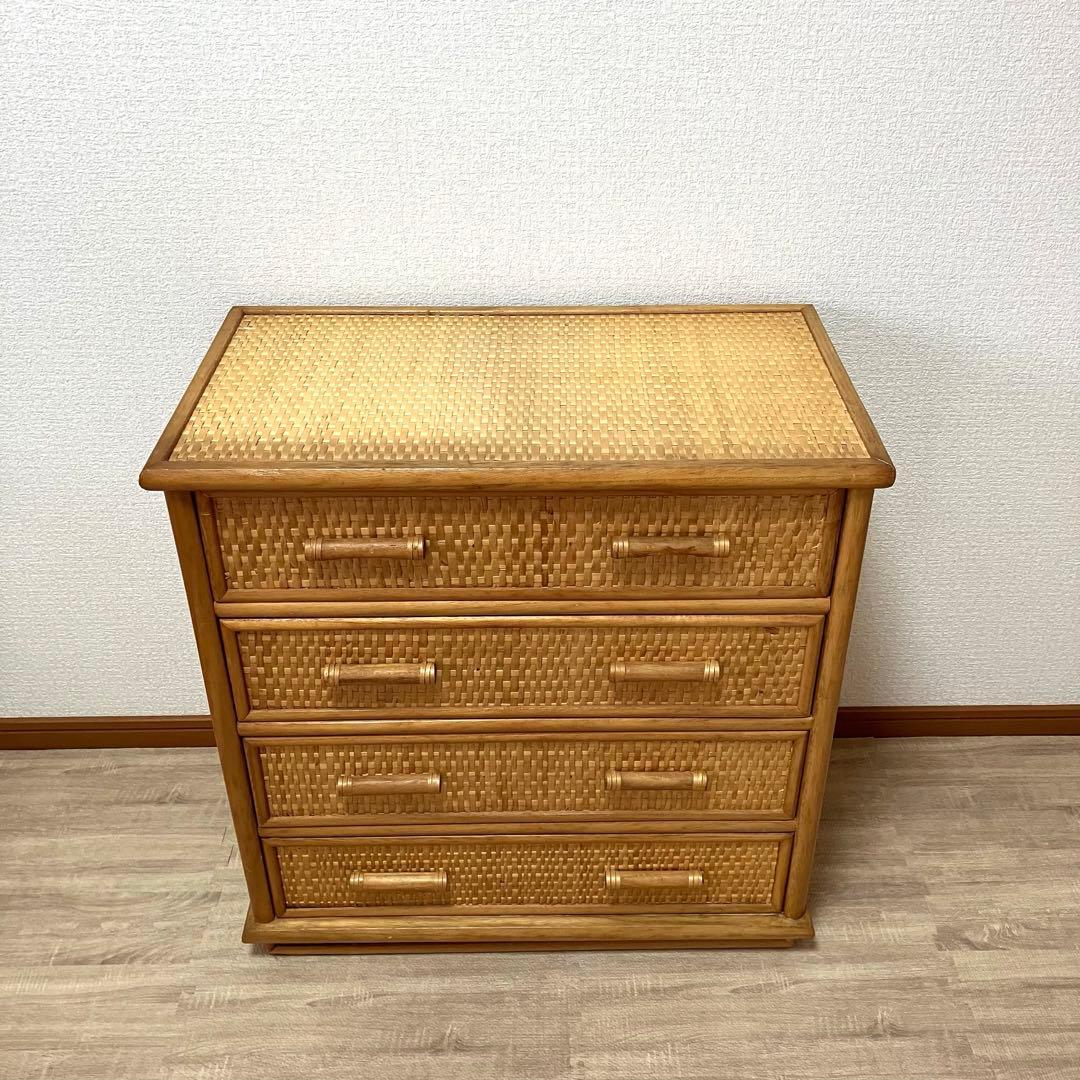 【良品】ラタン製 4段チェスト レトロ家具 ナチュラル収納