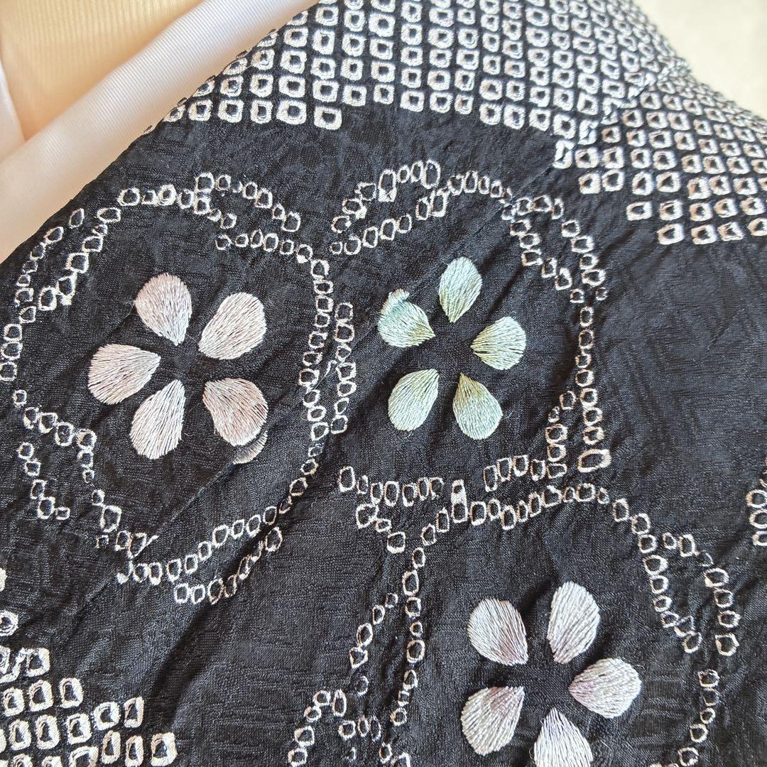 訪問着　フルセット　着物　総絞り　正絹　黒　絞り　花刺繍　豪華　G1