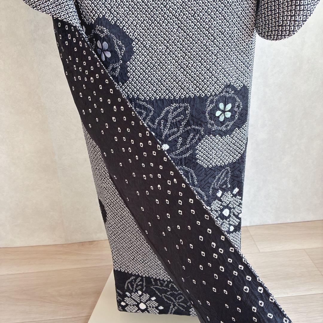 訪問着　フルセット　着物　総絞り　正絹　黒　絞り　花刺繍　豪華　G1