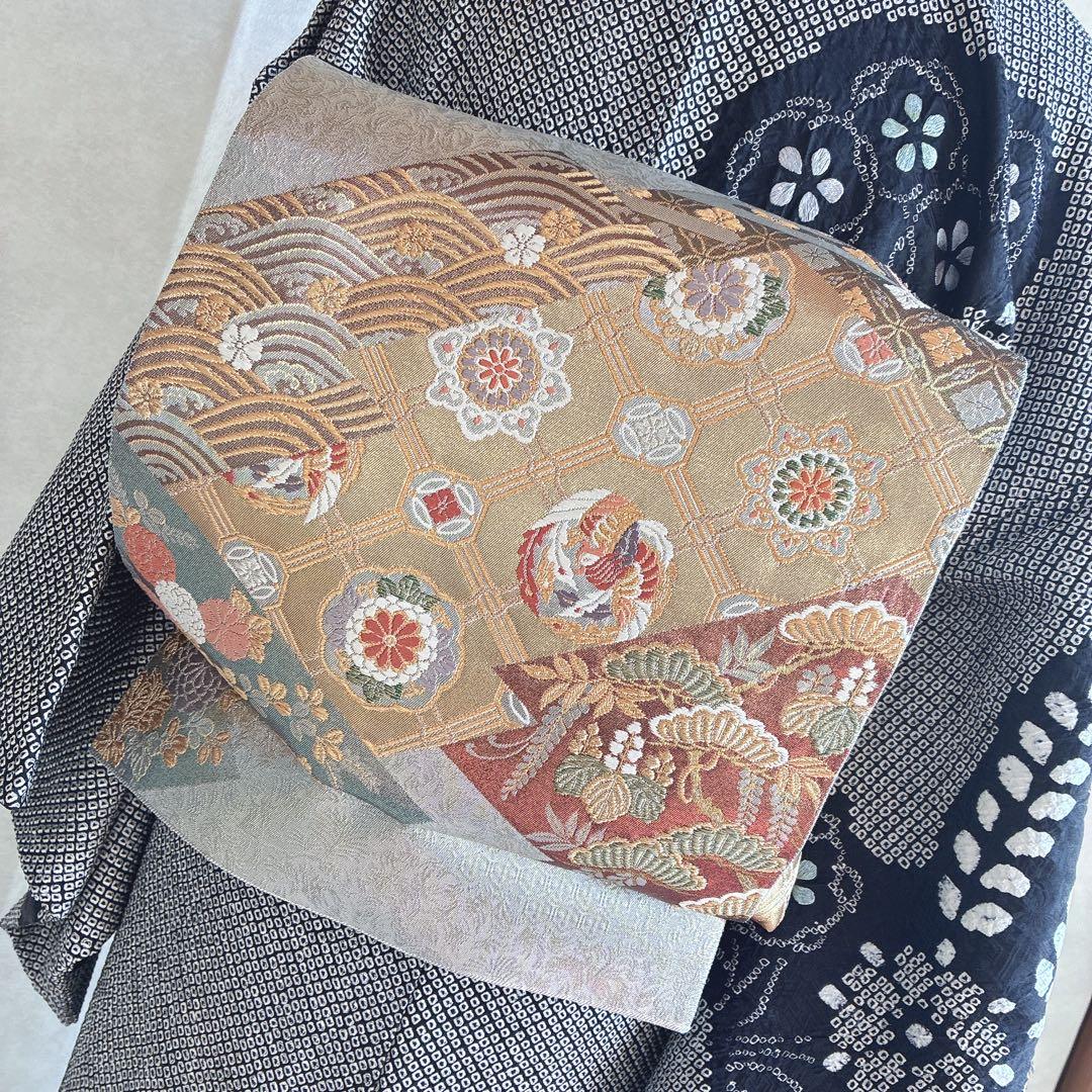 訪問着　フルセット　着物　総絞り　正絹　黒　絞り　花刺繍　豪華　G1