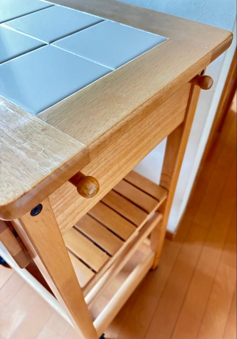 ナチュラル木製＊天板タイル＊キッチンワゴン