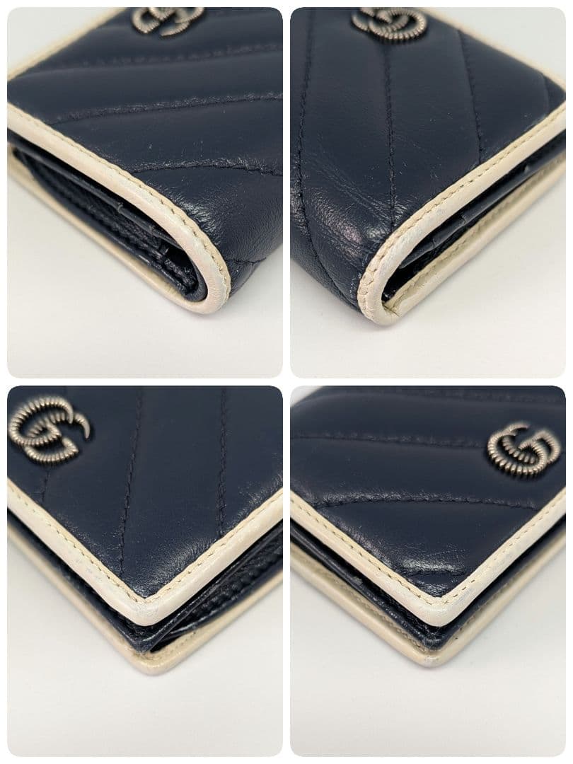 GUCCI　二つ折り財布　GG　マーモント　マトラッセ　レザー　ネイビー