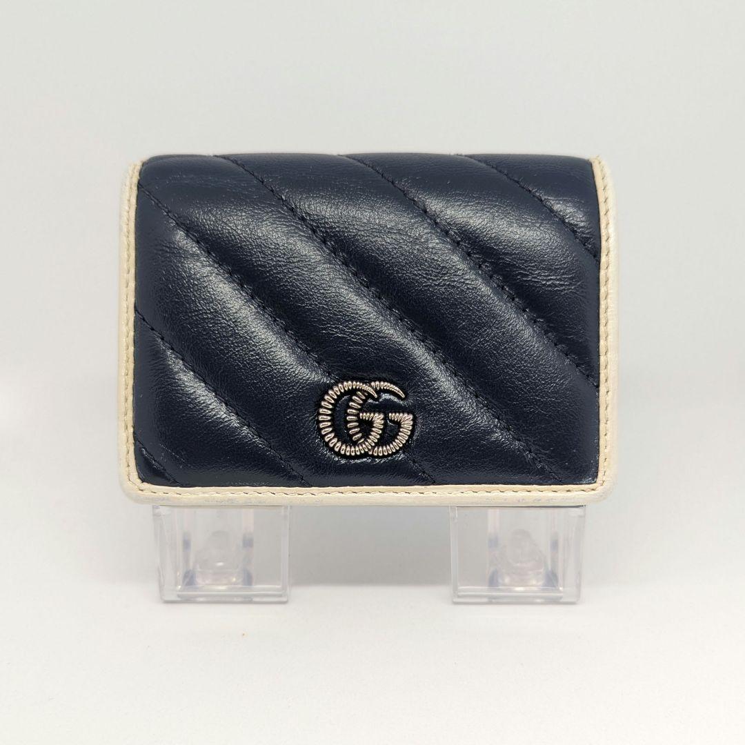 GUCCI　二つ折り財布　GG　マーモント　マトラッセ　レザー　ネイビー