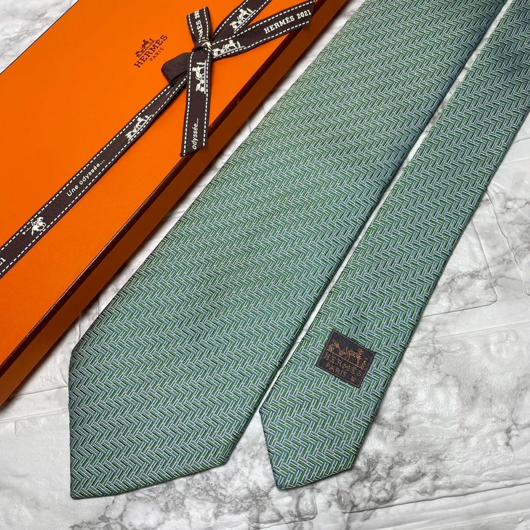 エルメス　HERMES ネクタイ　H織　ファソネ　グリーン　スーツ　シャツ