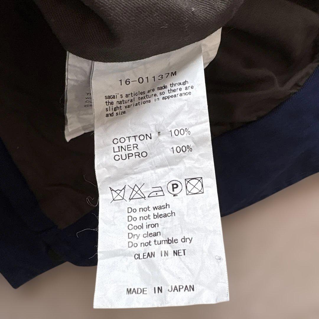 美品【ベロアきりかえ】サカイ　テーラード ジャケットM 紺　コットン