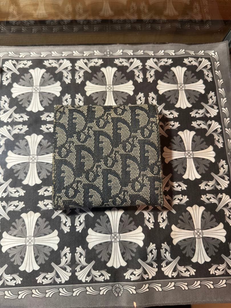 Christian Dior 二つ折り財布　キャンバス生地　トロッター柄ネイビー