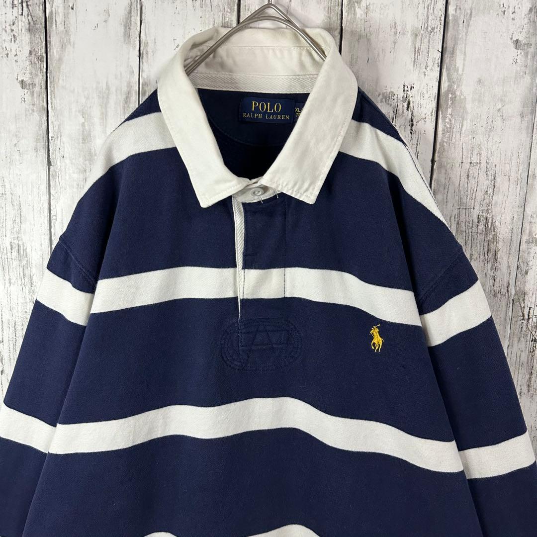 【ポロラルフローレン☆ラガーシャツ】常田大希☆裏起毛☆XL☆紺　白　金ポニー刺繍