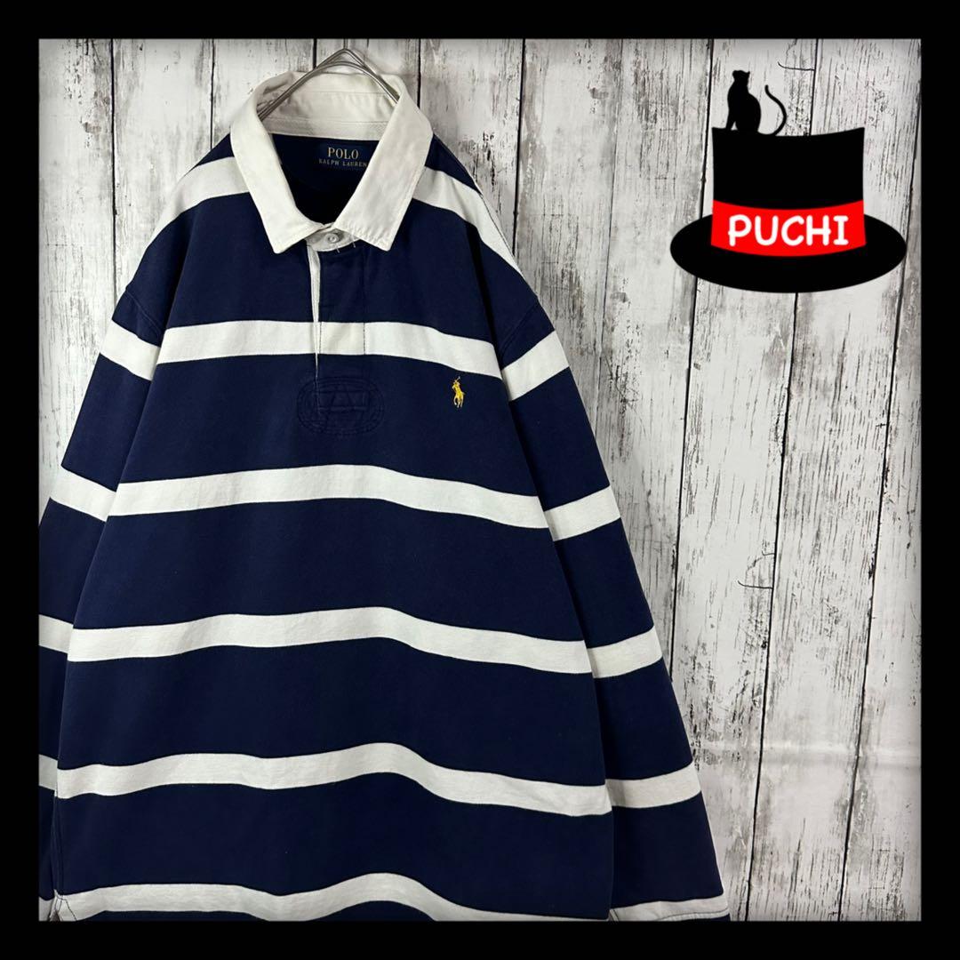 【ポロラルフローレン☆ラガーシャツ】常田大希☆裏起毛☆XL☆紺　白　金ポニー刺繍