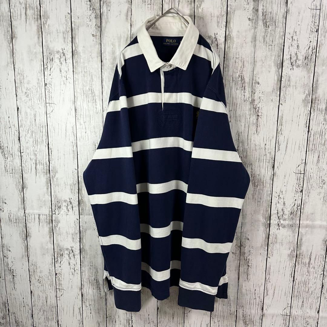 【ポロラルフローレン☆ラガーシャツ】常田大希☆裏起毛☆XL☆紺　白　金ポニー刺繍