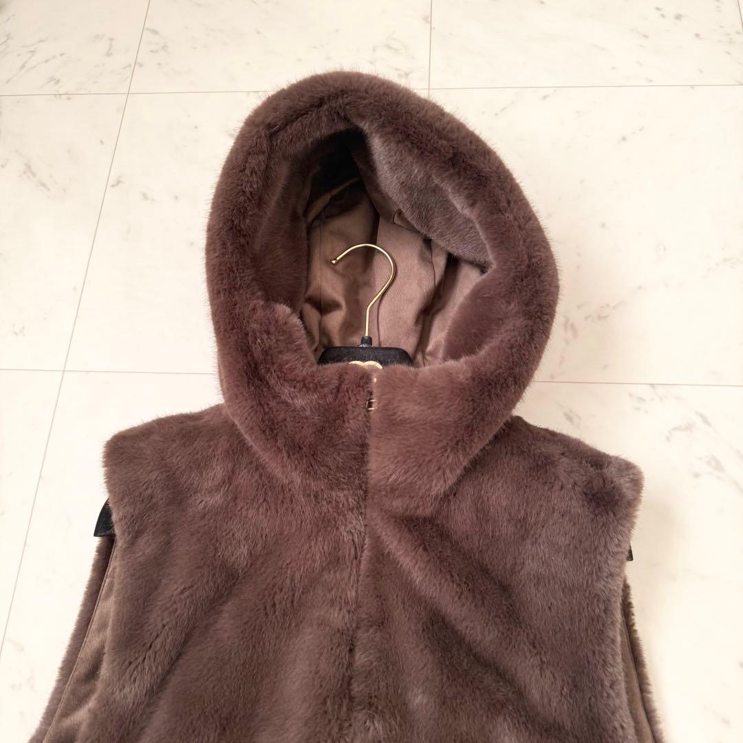 人気色❤️arpege story ファージップベスト　ブラウン　フード　M