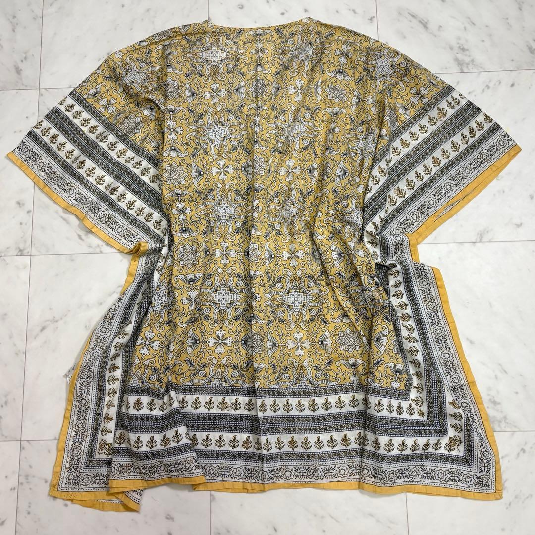 美品 ヌキテパ バンダナパターン スキッパーブラウス チュニック丈 総柄 黄
