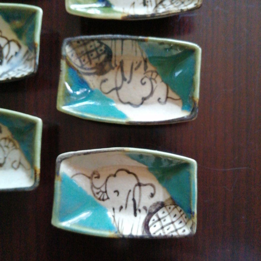 瀬戸焼　織部舟形手塩皿　14枚　7.6cm　大正～昭和初期