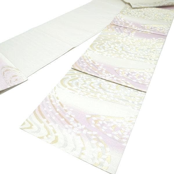 袋帯 京都 西陣 金銀糸 美しいデザイン 白 桜の花弁 流水 中古 kp2279