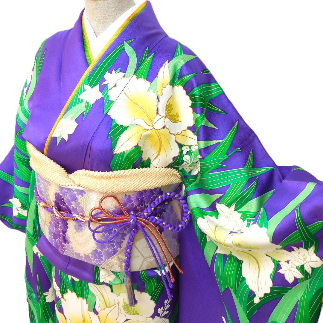美品★振袖フルセット　正絹　成人式　振袖　7点セット　Mサイズ　紫色　花柄