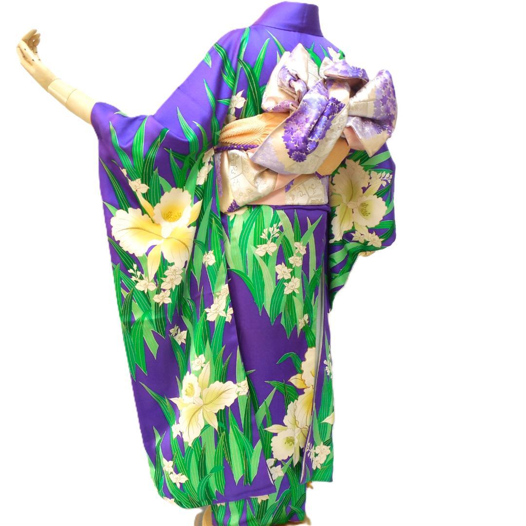 美品★振袖フルセット　正絹　成人式　振袖　7点セット　Mサイズ　紫色　花柄