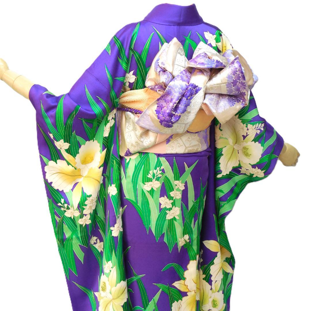 美品★振袖フルセット　正絹　成人式　振袖　7点セット　Mサイズ　紫色　花柄