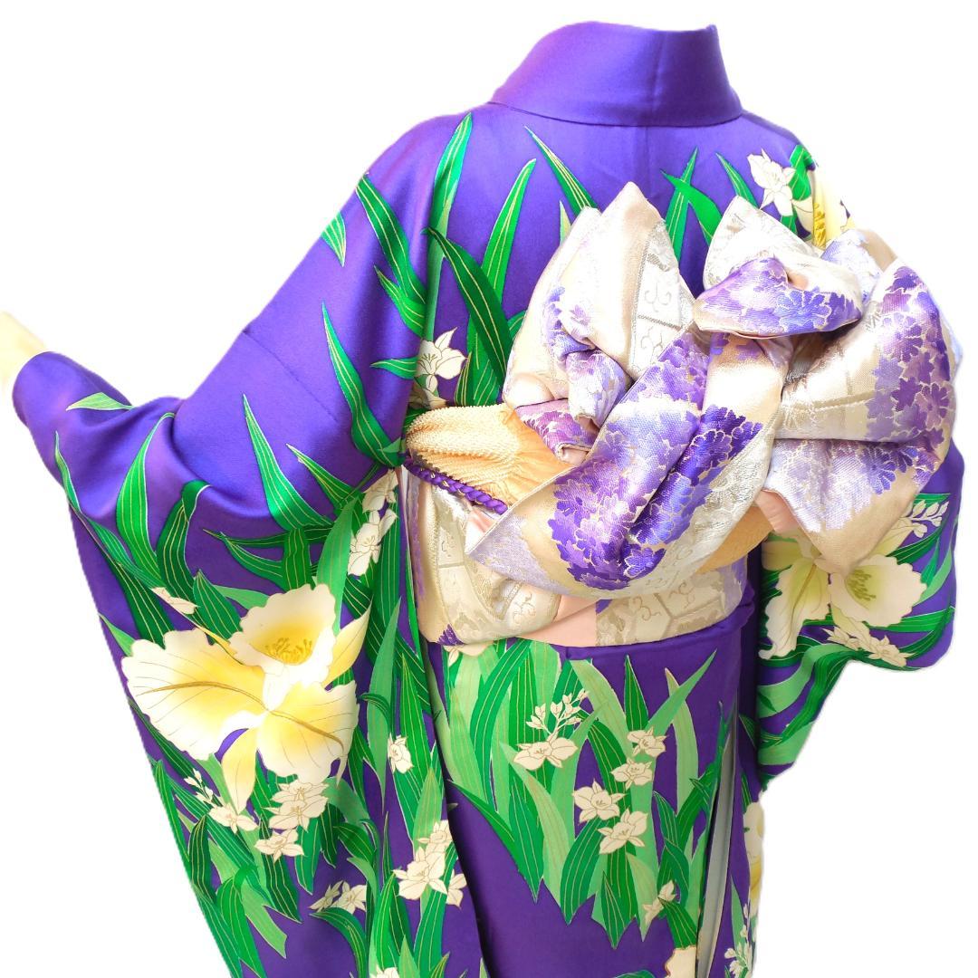 美品★振袖フルセット　正絹　成人式　振袖　7点セット　Mサイズ　紫色　花柄