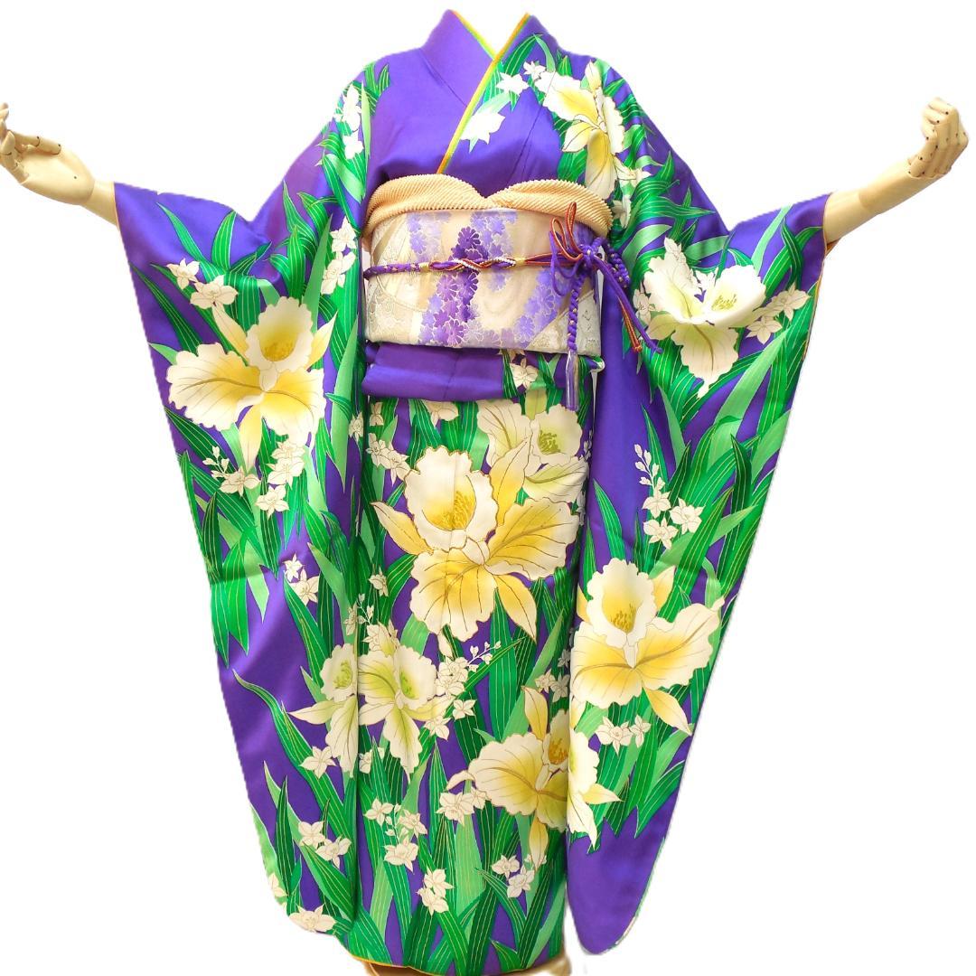 美品★振袖フルセット　正絹　成人式　振袖　7点セット　Mサイズ　紫色　花柄