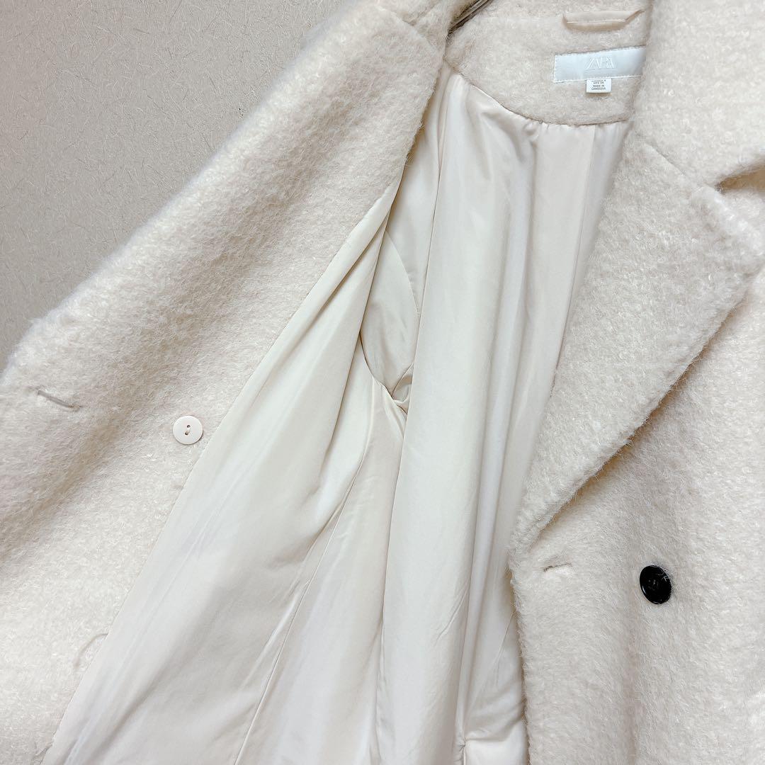 美品　ZARA ザラ　ブークレダブルブレストミディ丈コート　S ホワイト　白