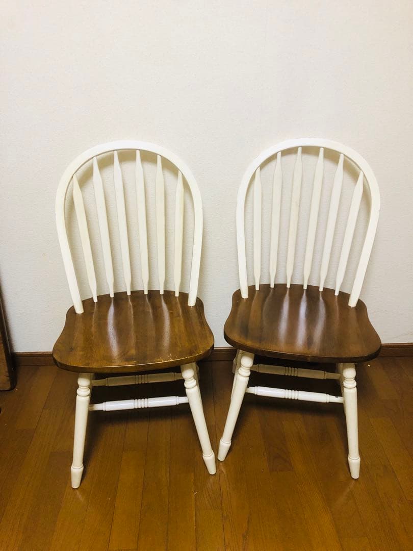 ホワイト　カントリー　ウィンザーチェア　木製ダイニングチェア2脚セット
