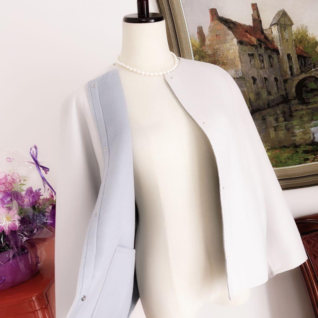 美品　HERMÈSエルメス カシミヤ ショート　ノーカラー　コート　ブルーグレー