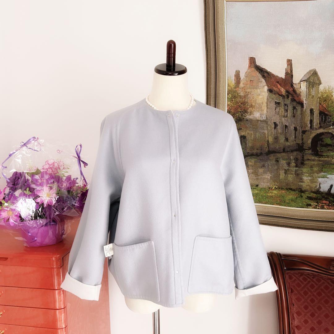 美品　HERMÈSエルメス カシミヤ ショート　ノーカラー　コート　ブルーグレー