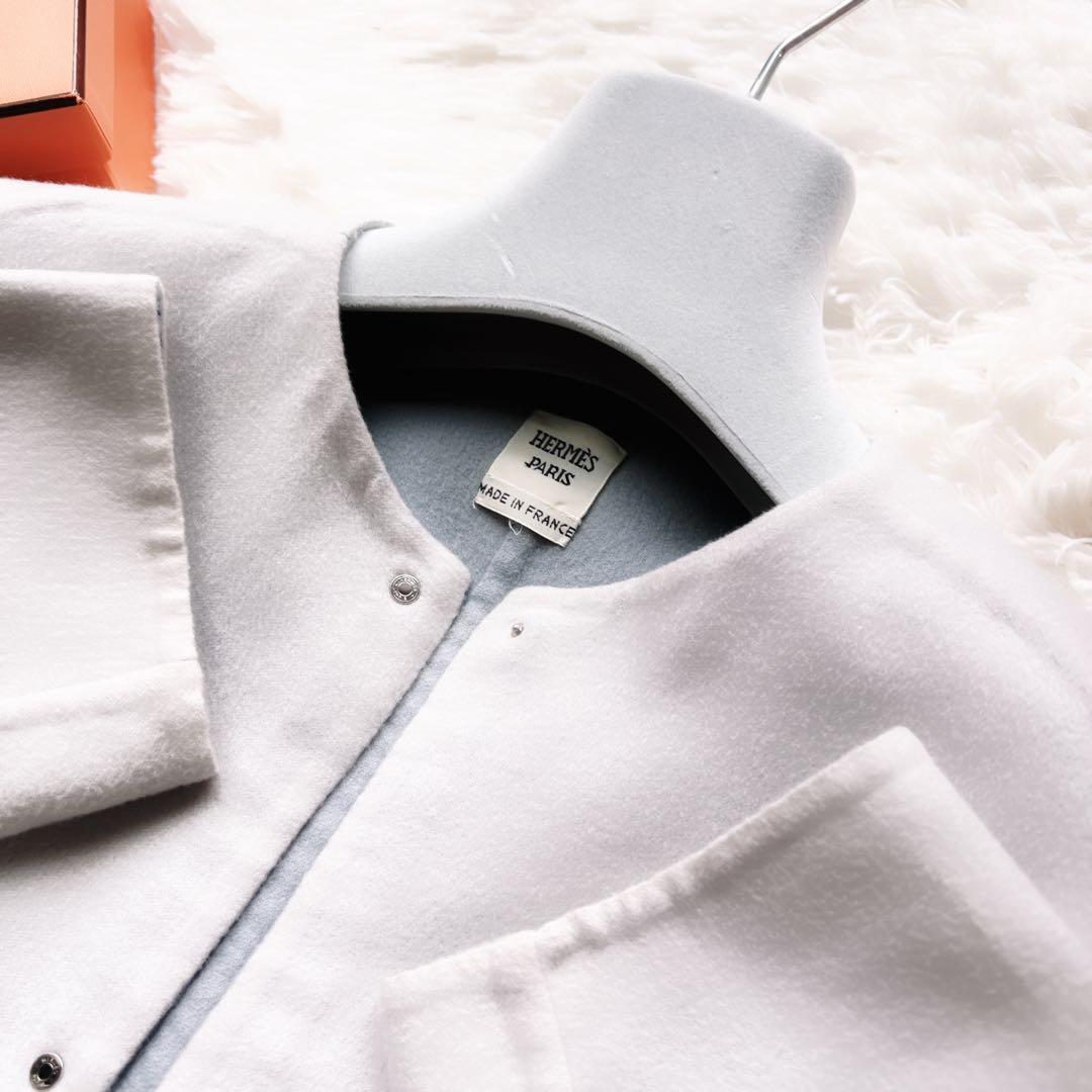 美品　HERMÈSエルメス カシミヤ ショート　ノーカラー　コート　ブルーグレー