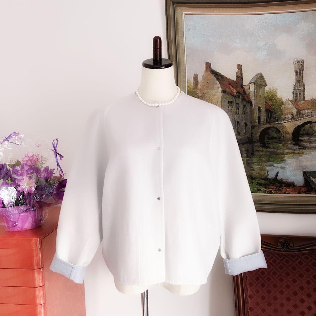 美品　HERMÈSエルメス カシミヤ ショート　ノーカラー　コート　ブルーグレー