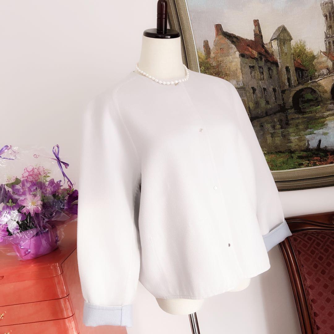 美品　HERMÈSエルメス カシミヤ ショート　ノーカラー　コート　ブルーグレー