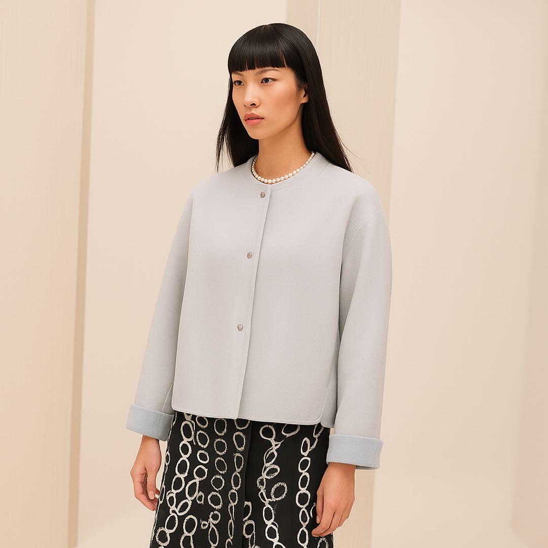 美品　HERMÈSエルメス カシミヤ ショート　ノーカラー　コート　ブルーグレー
