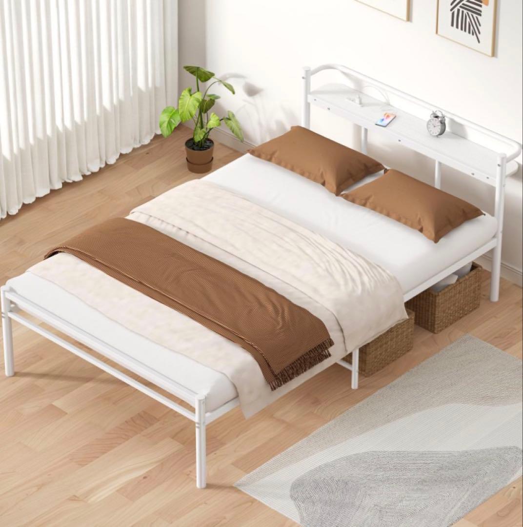 ホワイトスチールベッドフレーム セミダブル