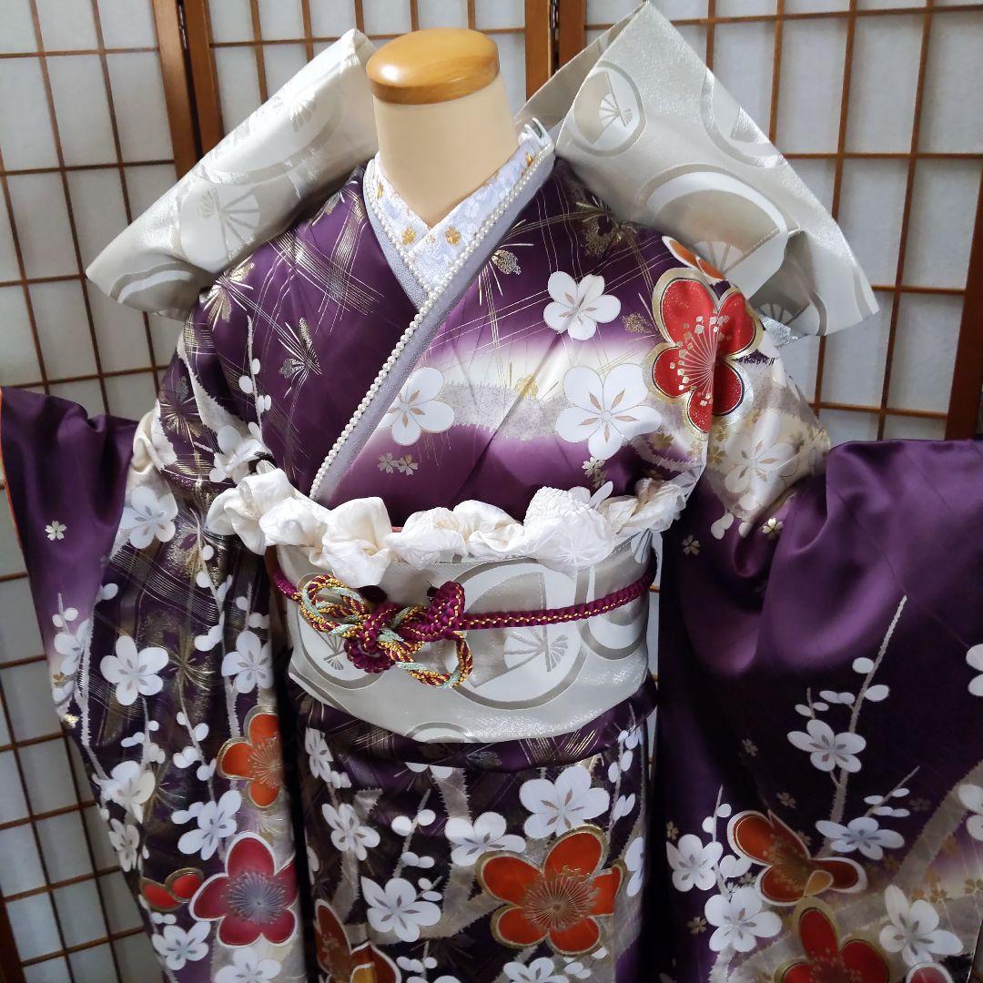 463紫　華やか 古典柄　金彩 正絹振袖6点フルセット成人式卒業式謝恩会結婚式