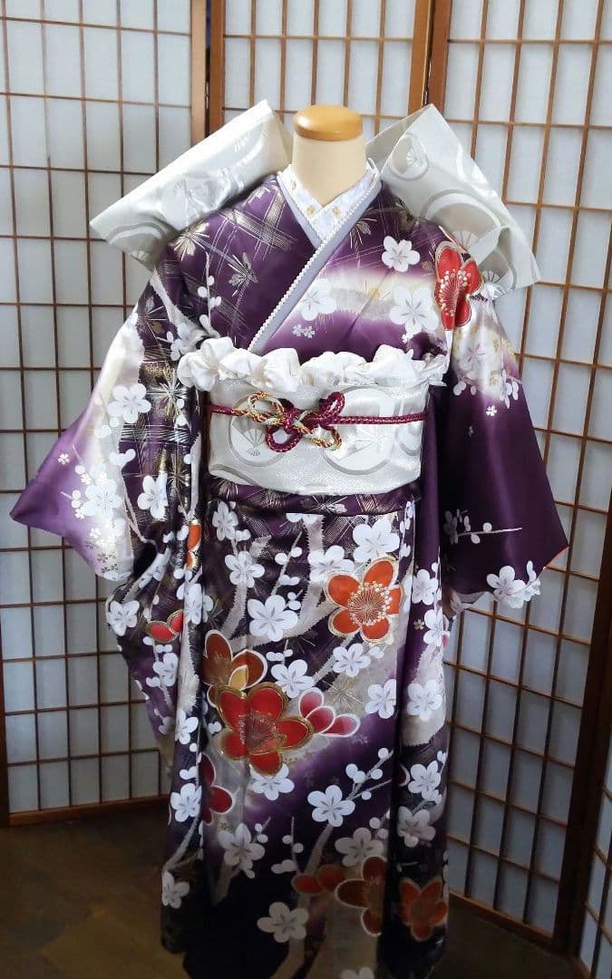 463紫　華やか 古典柄　金彩 正絹振袖6点フルセット成人式卒業式謝恩会結婚式