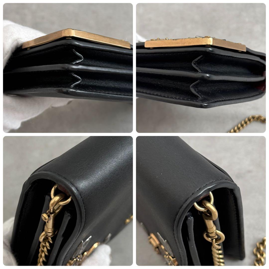 希少 COACH メタル ティーローズ チェーンウォレット 花 黒 ゴールド