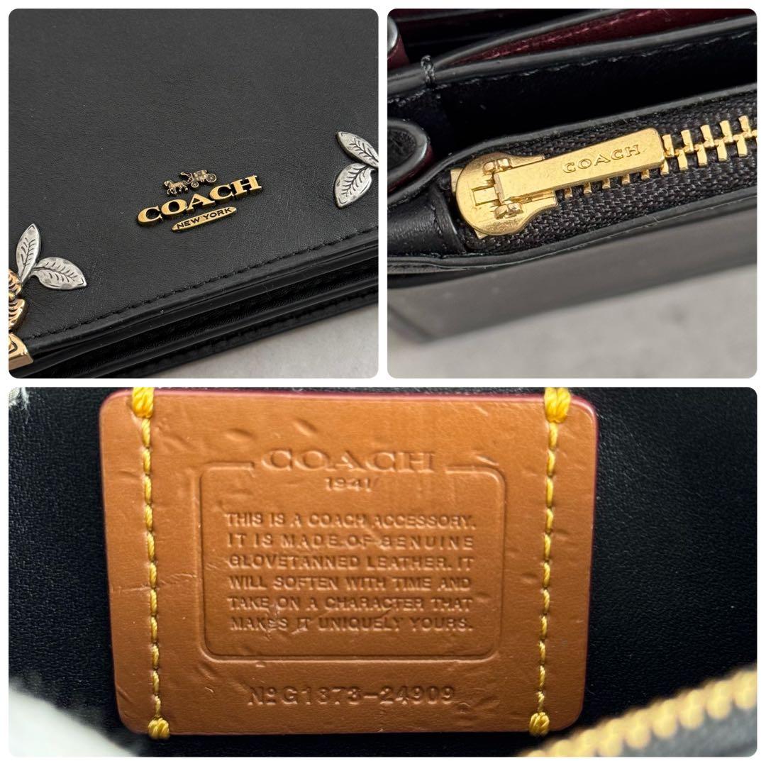 希少 COACH メタル ティーローズ チェーンウォレット 花 黒 ゴールド