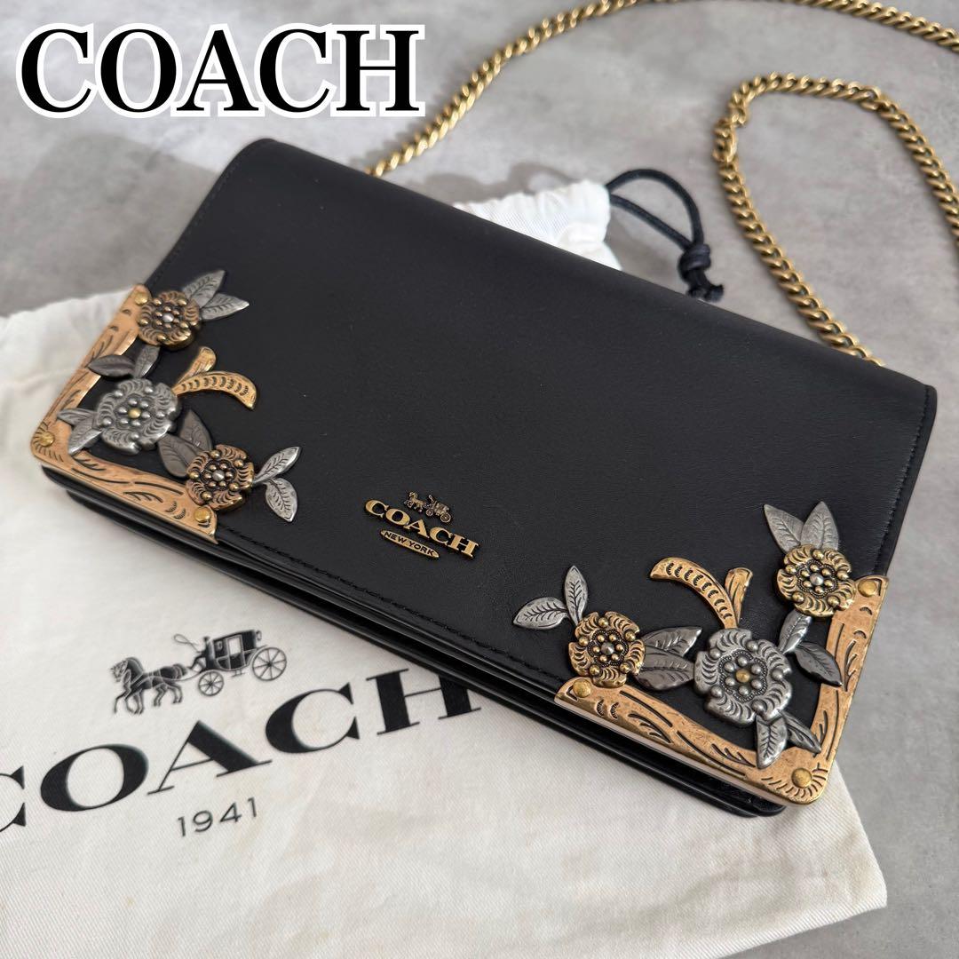 希少 COACH メタル ティーローズ チェーンウォレット 花 黒 ゴールド