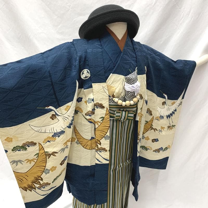 507ab19, 小物■七五三 五歳 セミアンティーク着物&羽織&袴&角帯■良好