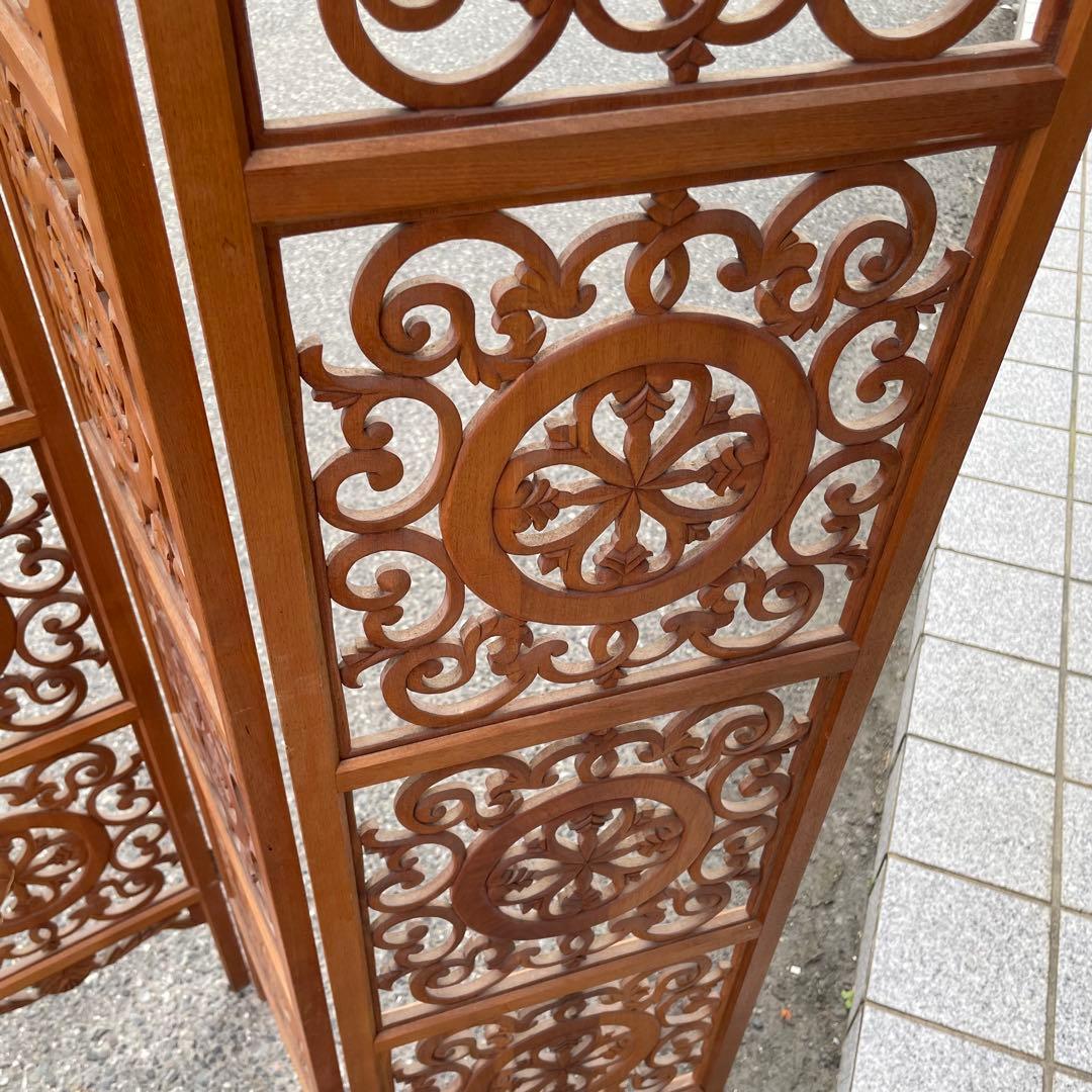 希少 アンティーク木製　 衝立　折りたたみ式　4連　アンティーク　透し彫り