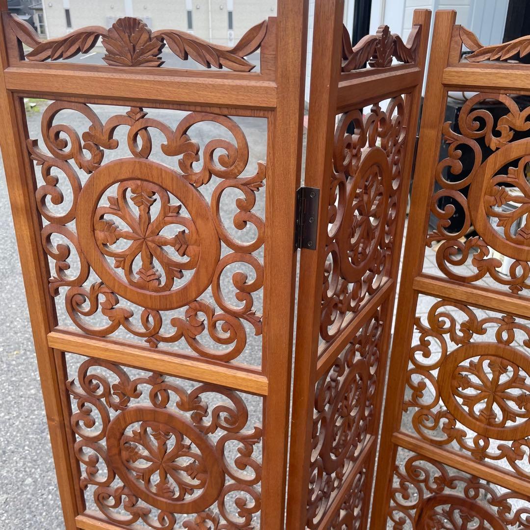 希少 アンティーク木製　 衝立　折りたたみ式　4連　アンティーク　透し彫り