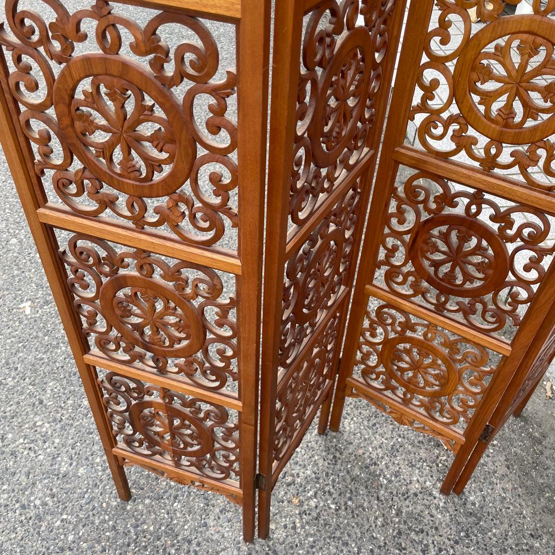 希少 アンティーク木製　 衝立　折りたたみ式　4連　アンティーク　透し彫り