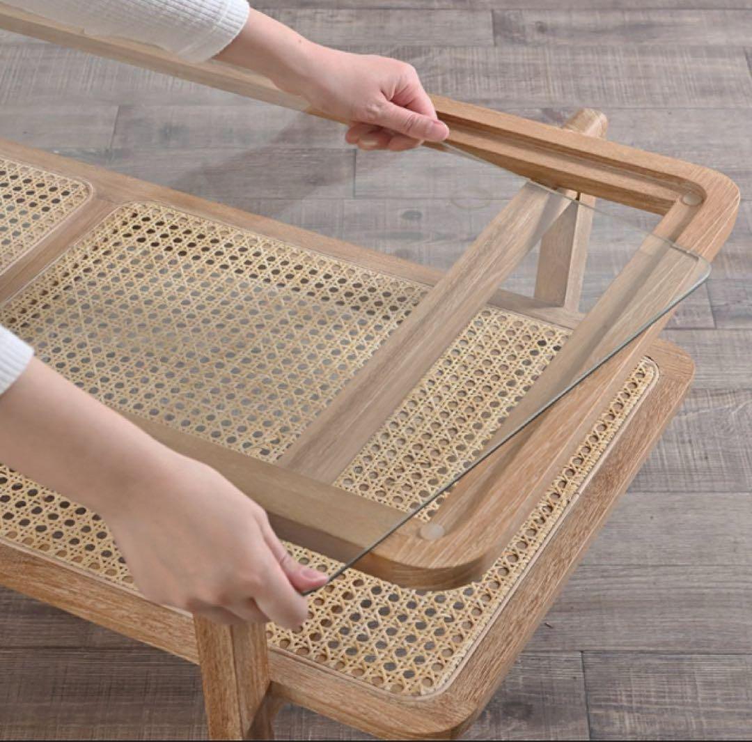 【新品未使用】KAGOME ローテーブル ラタン×チーク無垢材