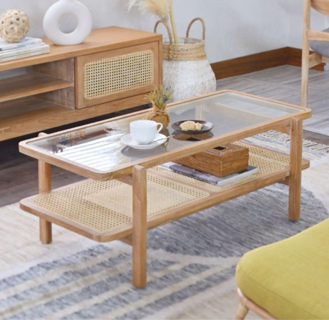 【新品未使用】KAGOME ローテーブル ラタン×チーク無垢材