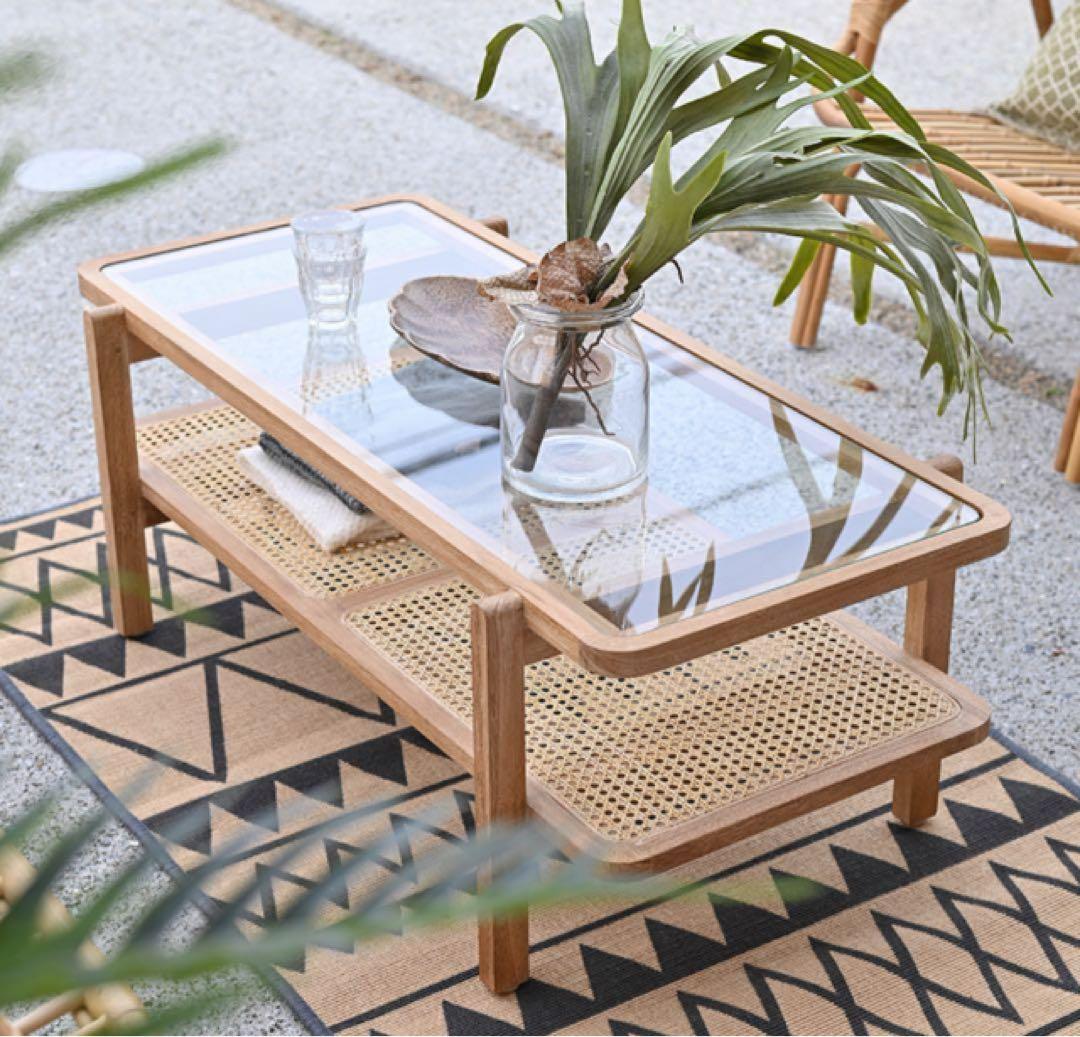 【新品未使用】KAGOME ローテーブル ラタン×チーク無垢材