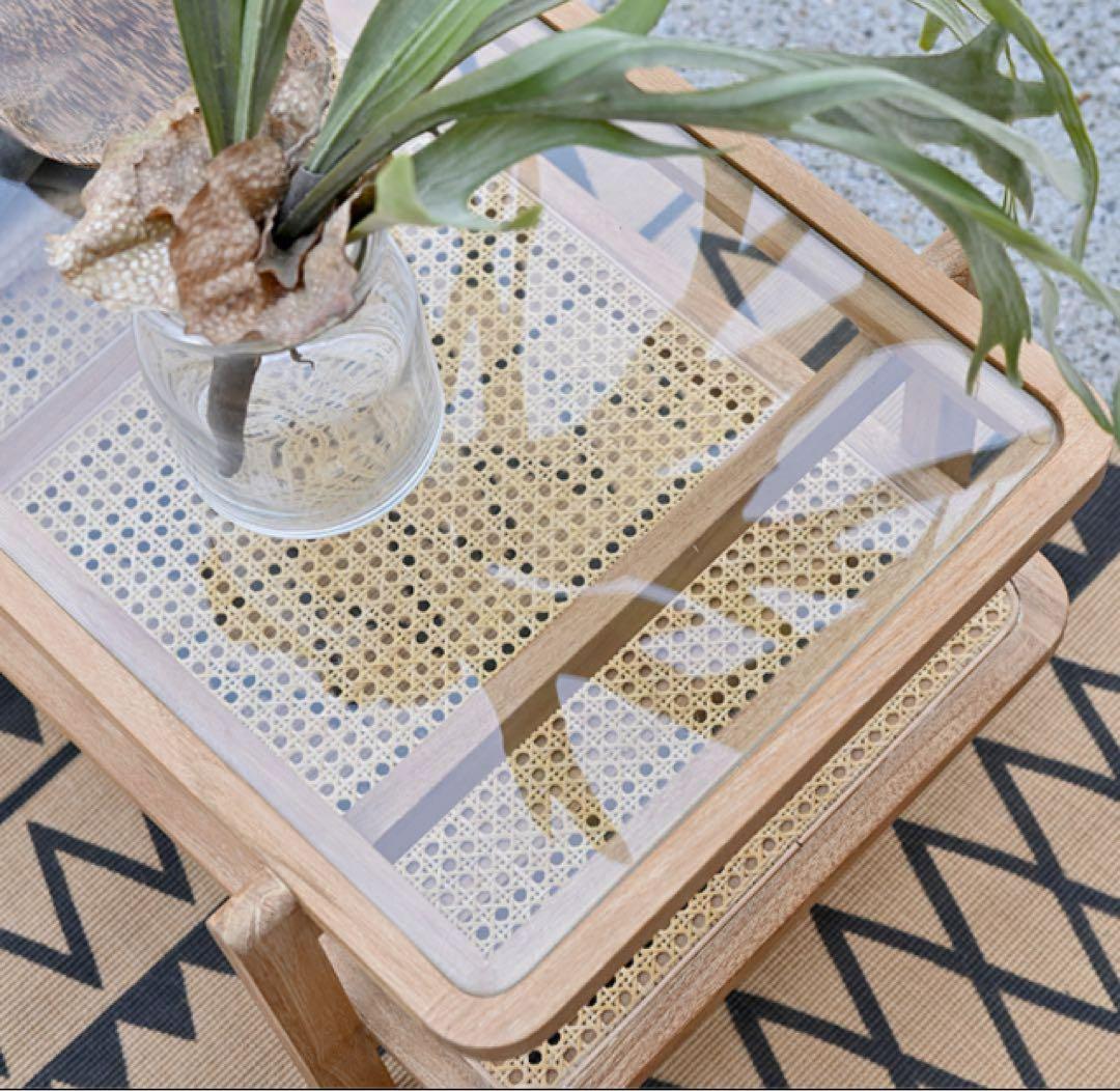 【新品未使用】KAGOME ローテーブル ラタン×チーク無垢材