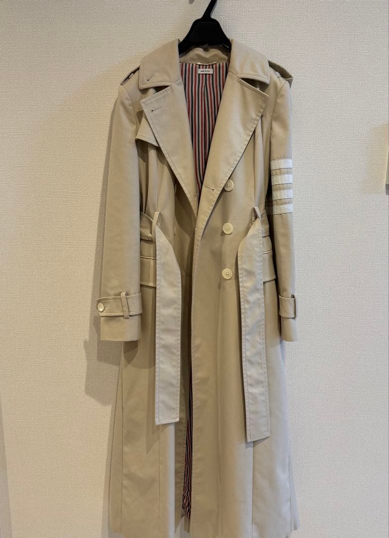 【THOM BROWNE★トムブラウン】ベージュ トレンチコート ストライプ裏地